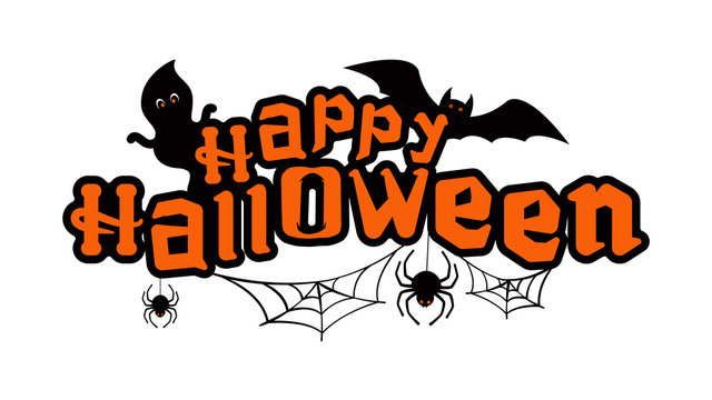 Happy halloween text with ghosts, bat and spiders.