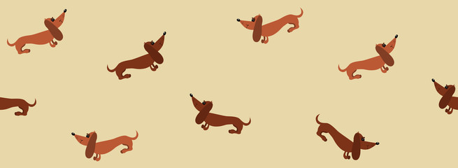 Seamless pattern with dachshund dogs on a beige background. Border. Seamless sample. It can be used as a background. Vector illustration.