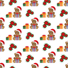 Fototapeta premium Teddy bear with a gift. Poinsettia. Seamless pattern. Vector. Flat.