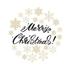 Fototapeta premium PrinMerry Christmas lettering surrounded by snowflakes. Vector illustration