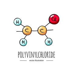 Hand drawn doodle Polyvinylchloride  chemical formula icon. Vector illustration. Cartoon molecule element. Sketch polymer molecular structure PVC scientific formula isolated on white background
