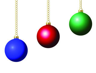 set of christmas ball decoration blue red and green hanging on golden chain 3d look isolated on white vector illustration