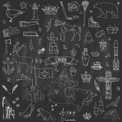 Hand drawn doodle Canada icons set Vector illustration isolated symbols collection of canadian symbols Cartoon elements: bear, map, flag, maple, beaver, deer, goose, totem pole, horse, hockey, poutine