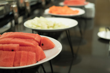 Food buffet in restaurant. catering in hotel for wedding party banquet event. eating, dining concept