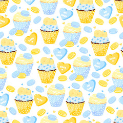 Baby shower. Sweet pattern with cupcakes, macaroons and hearts. Love. 
