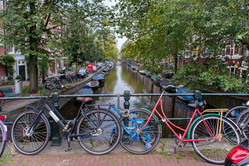 Fototapeta na wymiar Bikes on the bridge in Amsterdam