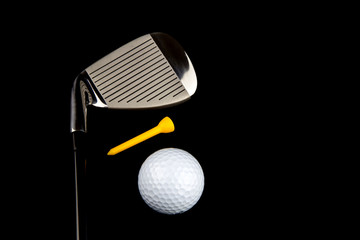 Golf Club with Ball and Tee on Black Background