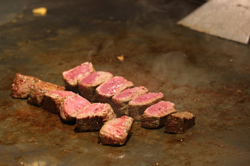 sliced Japanese Kobe Beef Steak on hot tray