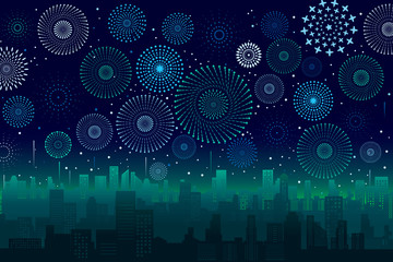 Vector illustration of a festive fireworks display over the city at night scene for holiday and celebration background design.
