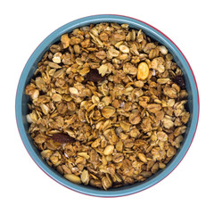 Breakfast with muesli in a bowl top view Isolated on White Background