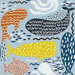 Nahtloses Muster mit Seetier-Pelzrobbe, Wal, Krake, Fisch. Kindliche Textur für Stoff, Textil. Vektorhintergrund