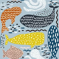 Papier Peint photo autocollant Mer Modèle sans couture avec otaries à fourrure d& 39 animaux marins, baleine, poulpe, poisson. Texture enfantine pour tissu, textile. Fond de vecteur