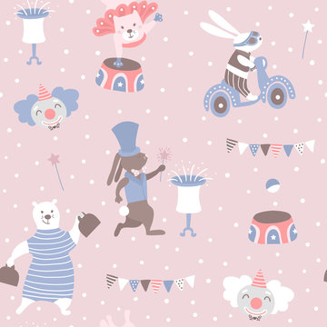 Seamless pattern with animal artists. Circus vector childish background.
