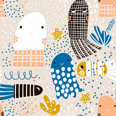 Modèle sans couture avec des méduses d& 39 animaux marins, poissons. Texture enfantine sous-marine pour tissu, textile. Fond de vecteur