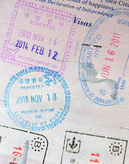 Closeup of Immigration stamps in Passport showing travel concept