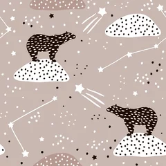Vlies Fototapete Kosmos Nahtloses Muster mit Eisbärenschattenbild und Konstellationen. Perfekt für Stoff, Textil.Vector Hintergrund