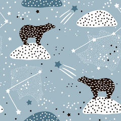 Naadloze patroon met ijsberen silhouet en sterrenbeelden. Perfect voor stof, textiel. Vector achtergrond