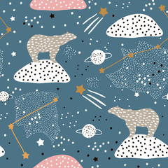 Seamless pattern with polar bears silhouette and Constellations . Perfect for fabric,textile.Vector background