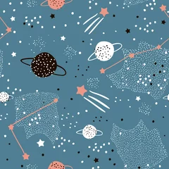 Fotobehang Kosmos Naadloos patroon met sterren, sterrenbeelden, planeten en handgetekende elementen. Kinderachtige textuur. Geweldig voor stof, textiel vectorillustratie