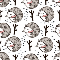 Seamless forest pattern with fox,branch and leaves.Minimalistic texture in scandinavian style.Vector background