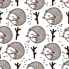 Door stickers Fox Seamless forest pattern with fox,branch and leaves.Minimalistic texture in scandinavian style.Vector background
