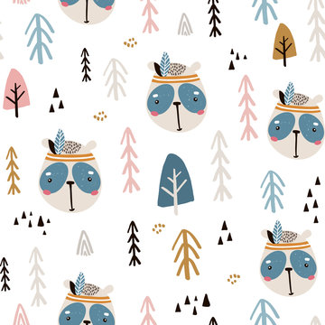 Seamless pattern with cute panda indian face and tree. Cartoon panda indian.Vector illustration. Perfect for kids fabric,textile,nursery wallpaper