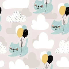 Foto op Plexiglas Dieren met ballon Naadloos kinderachtig patroon met schattige katten die met ballon vliegen. Creatieve kinderkamer achtergrond. Perfect voor kinderontwerp, stof, verpakking, behang, textiel, kleding