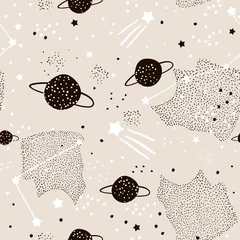 Foto op Plexiglas Kosmos Naadloos patroon met sterren, sterrenbeelden, planeten en handgetekende elementen. Kinderachtige textuur. Geweldig voor stof, textiel vectorillustratie