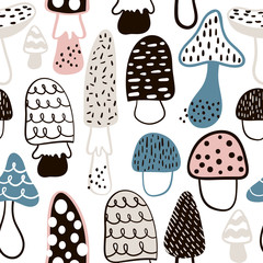 Seamless pattern with hand drawn mushrooms. Childish texture in minimalistic style. Great for fabric, textile Vector Illustration
