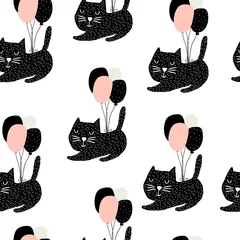 Brushed aluminium prints Animals with balloon Seamless childish pattern with cute cats flying with balloon. Creative nursery background. Perfect for kids design, fabric, wrapping, wallpaper, textile, apparel