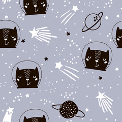 Nahtloses kindisches Muster mit niedlichen Katzenastronauten. Kreativer Kindergartenhintergrund. Perfekt für Kinderdesign, Stoffe, Verpackungen, Tapeten, Textilien, Bekleidung