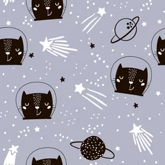 Foto op Plexiglas Kosmos Naadloos kinderachtig patroon met schattige katten astronauten. Creatieve kinderkamer achtergrond. Perfect voor kinderontwerp, stof, verpakking, behang, textiel, kleding