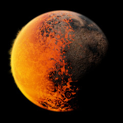Naklejka premium tidally locked exoplanet with a molten and a rocky side, isolated on black background