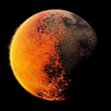 Fototapeta tidally locked exoplanet with a molten and a rocky side, isolated on black background