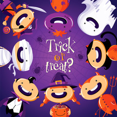 Halloween card with cute cartoon children in colorful costumes