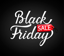 Black Friday banner with red tag price on black background for your design. Vector illustration.