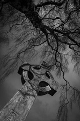 Celtic cross gravestone and tree branch silhouette in spooky cemetery in Black and white