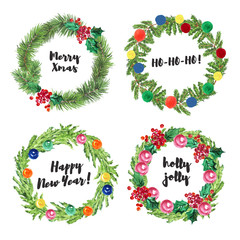 Watercolor artistic hand drawn christmas wreath set isolated on white background. Happy New year & Merry Xmas congratulation design collection. Good for party flayer, card, leaflet, banner, postcard