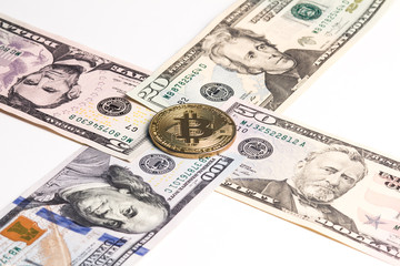 Gold bitcoin on the crosshairs of American dollars.