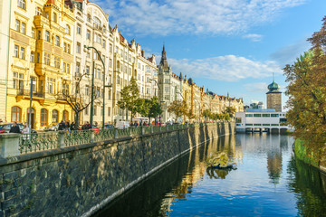 Embankment of Masaryk in Prague in the Czech Republic. Shitkov water tower