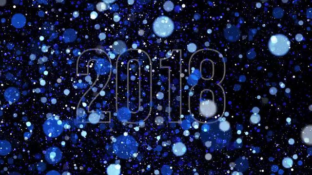 New year background - lot of blue particles randomly fly around digits 2018. 3D rendering - computer generated blizzard. Cartoon snow moving on the wind, bright dots on dark. With alpha-channel.
