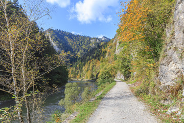 Hiking and cycling trail along Dunajec River Gorge from Szczawnica in Poland to Red Monastery ( Czerwony Klasztor) in Slovakia
