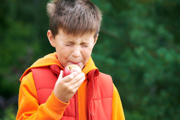 Caucasian boy eating sour organic apple.