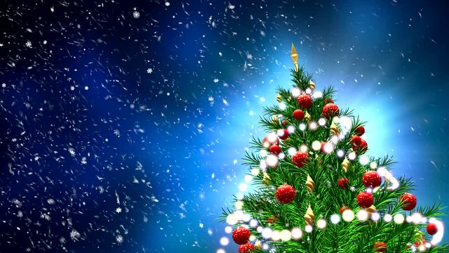 3d illustration of green Christmas tree over blue background with snowflakes and red balls