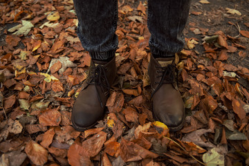 Men's shoes in autumn leaves. A man walking in a park full of autumn leaves