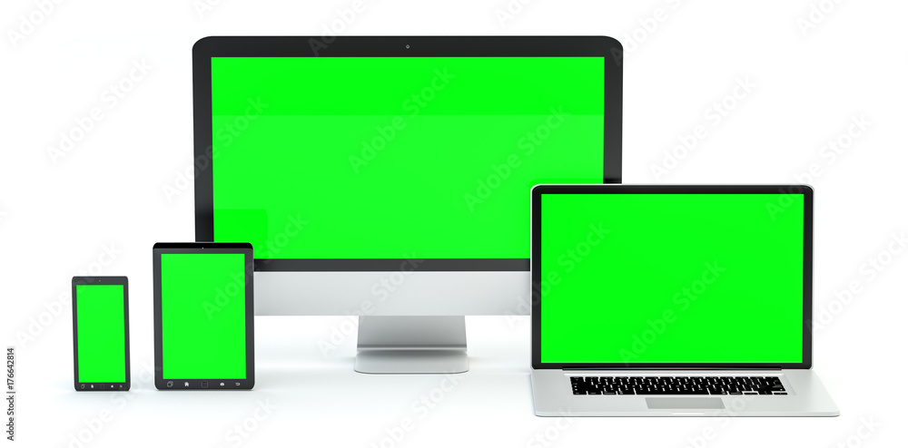 Poster modern computer laptop mobile phone and tablet 3d rendering