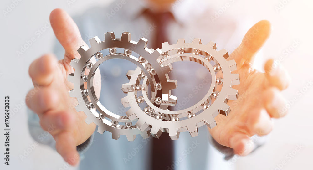 Poster businessman using floating modern gear mechanism 3d rendering