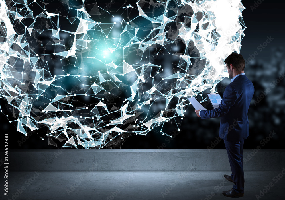 Aufkleber businessman watching connection network on a rooftop 3d rendering