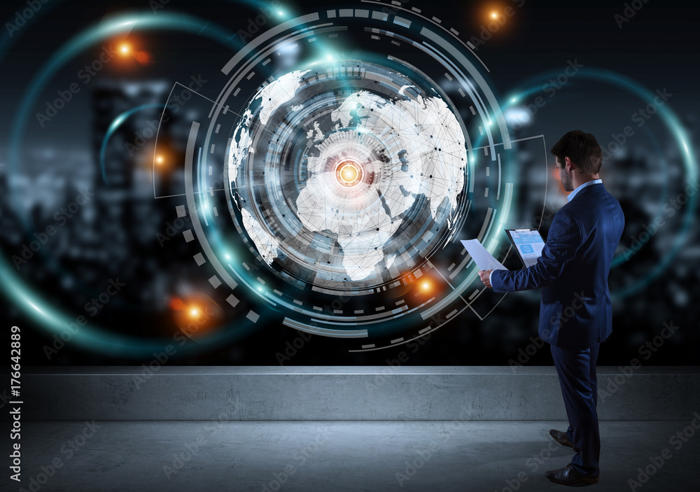 Poster businessman watching digital planet earth interface on a rooftop 3d rendering