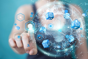 Businesswoman using flying earth network interface 3D rendering